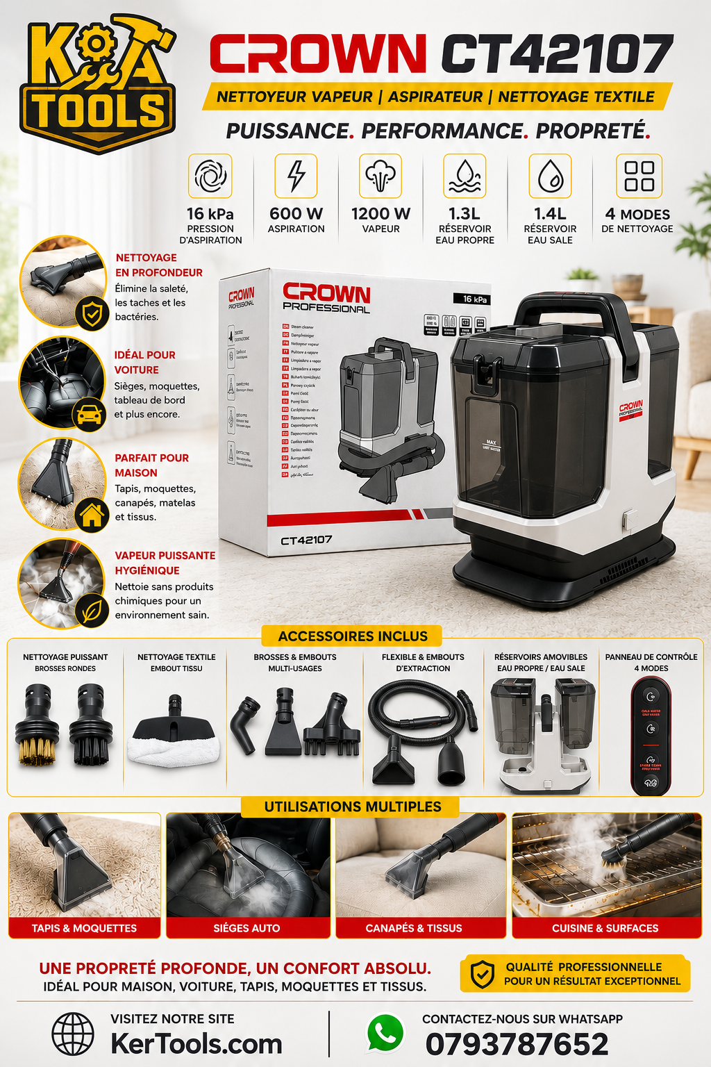 Nettoyeur à Vapeur Multifonction 3-en-1 | Injecteur Extracteur & Aspirateur Eau/Poussière (1200W/600W)